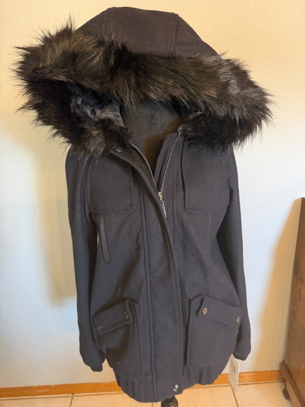 NWT Kensie Black Faux Wool Faux Fur Hooded Coat Jacket Size S